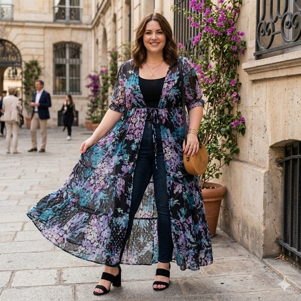 Torrid Floral Chiffon Tie Front Duster Kimono Black Purple 0 L Fairy Goth - Picture 1 of 13